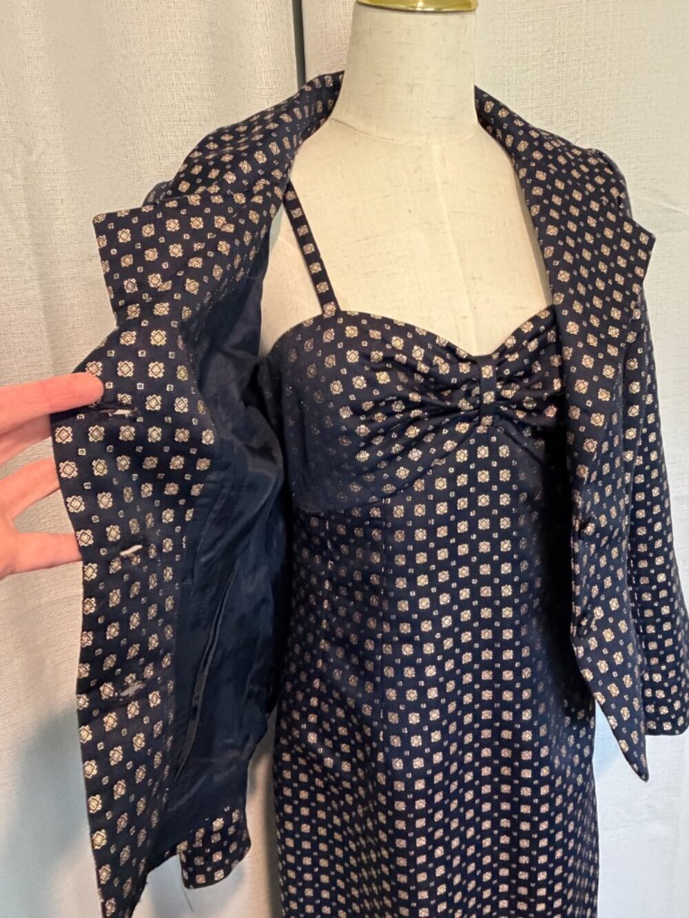I. Magnin Vintage Navy Gold Brocade Maxi Dress Set Formal Wedding Guest M - Picture 2 of 12